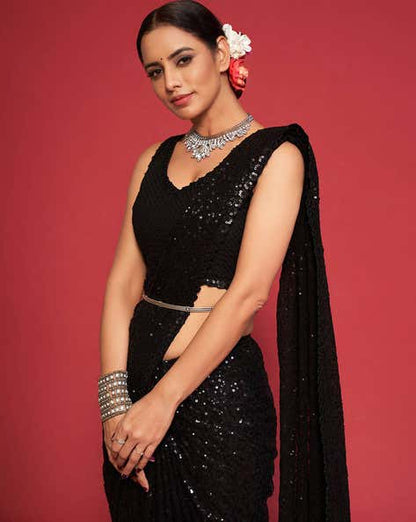 Black Pure Chiffon Sequins Embroidery Work Ready to Wear Saree 