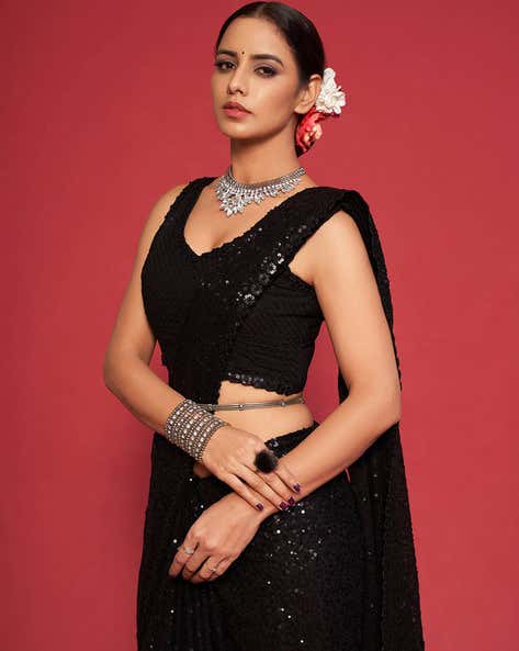 Black Pure Chiffon Sequins Embroidery Work Ready to Wear Saree 