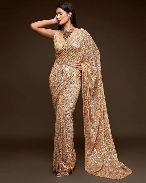 Golden Pure Chiffon Sequins Embroidery Work Ready to Wear Saree ##color## Chiffon Sarees with premium fabric and embroidery