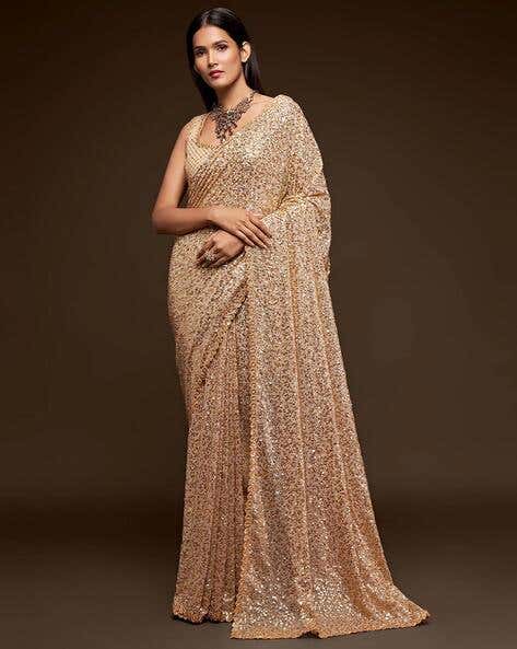 Golden Pure Chiffon Sequins Embroidery Work Ready to Wear Saree ##color## Chiffon Sarees with premium fabric and embroidery