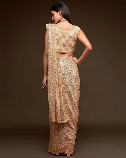 Golden Pure Chiffon Sequins Embroidery Work Ready to Wear Saree 