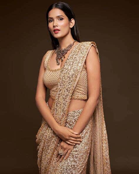 Golden Pure Chiffon Sequins Embroidery Work Ready to Wear Saree 
