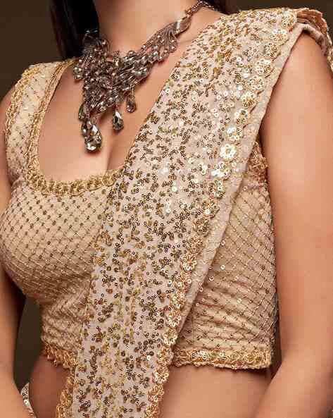 Golden Pure Chiffon Sequins Embroidery Work Ready to Wear Saree 