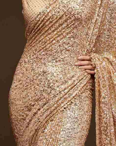 Golden Pure Chiffon Sequins Embroidery Work Ready to Wear Saree ##color## Chiffon Sarees with premium fabric and embroidery