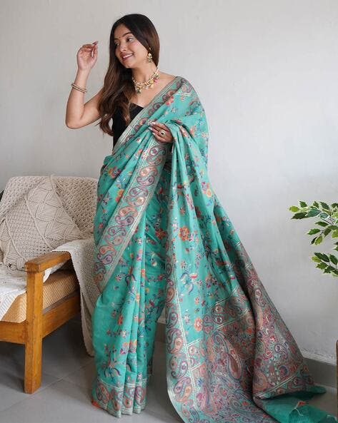 Green Pure Soft Pashmina Kachi Work Saree