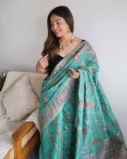 Green Pure Soft Pashmina Kachi Work Saree Pashmina Saree Anant Tex Exports Pvt.Ltd..
