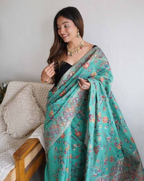 Green Pure Soft Pashmina Kachi Work Saree Pashmina Saree Anant Tex Exports Pvt.Ltd..