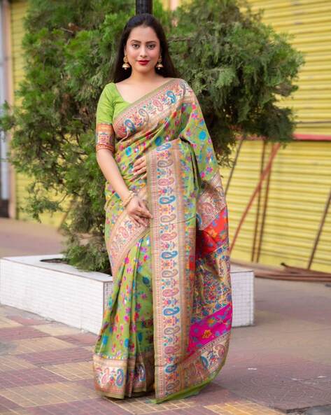 Green Pure Soft Pashmina Kachi Work Saree