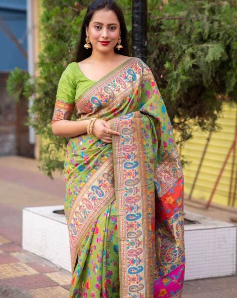 Green Pure Soft Pashmina Kachi Work Saree