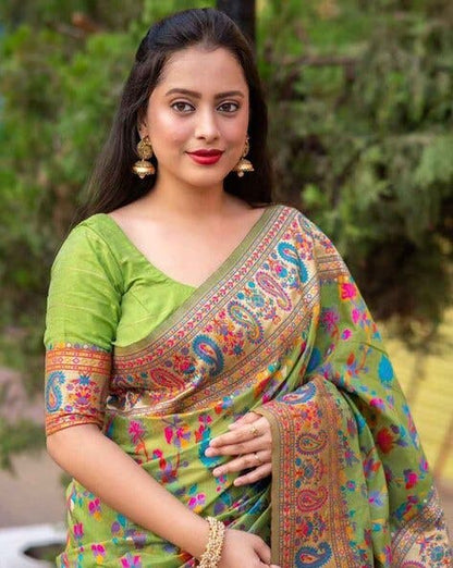 Green Pure Soft Pashmina Kachi Work Saree Pashmina Saree Anant Tex Exports Pvt.Ltd..
