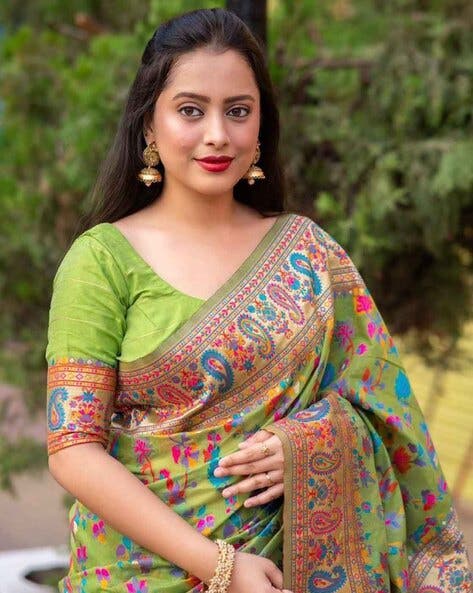 Green Pure Soft Pashmina Kachi Work Saree