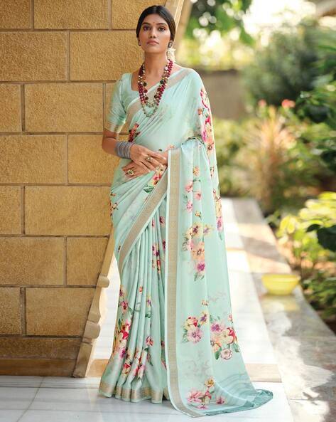 Sky Pure Viscose Satin Floral Print Satin Saree