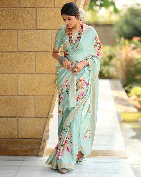 Sky Pure Viscose Satin Floral Print Satin Saree