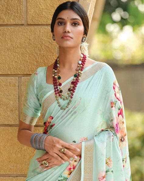 Sky Pure Viscose Satin Floral Print Satin Saree