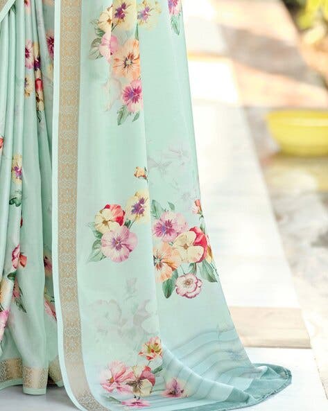Sky Pure Viscose Satin Floral Print Satin Saree