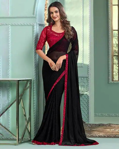 Black Pure Georgette Burberry Silk With Floral Sequins Saree 