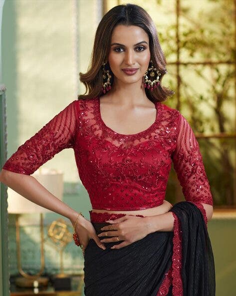 Black Pure Georgette Burberry Silk With Floral Sequins Saree 