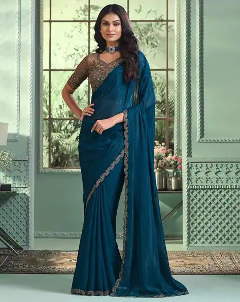 Teal Pure Georgette Burberry Silk With Floral Sequins Saree 