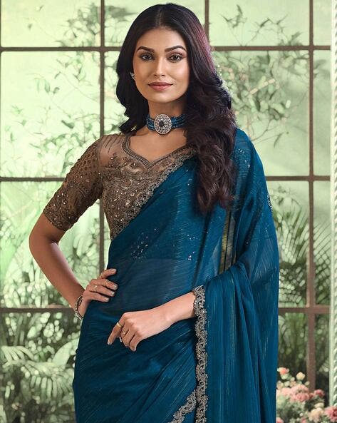 Teal Pure Georgette Burberry Silk With Floral Sequins Saree 