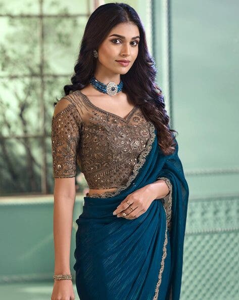 Teal Pure Georgette Burberry Silk With Floral Sequins Saree 