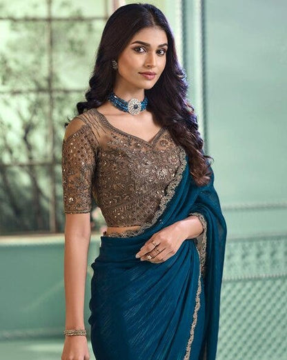 Teal Pure Georgette Burberry Silk With Floral Sequins Saree 