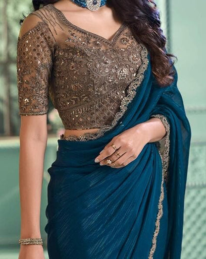 Teal Pure Georgette Burberry Silk With Floral Sequins Saree 