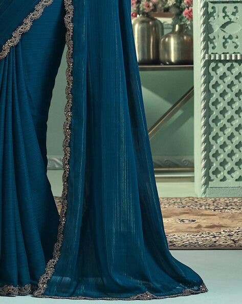 Teal Pure Georgette Burberry Silk With Floral Sequins Saree 