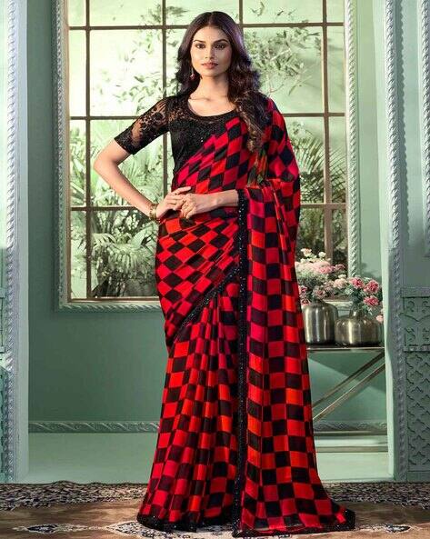 Red & Black Pure Georgette Burberry Silk With Floral Sequins Saree ##color## Georgette Saree with premium fabric and embroidery