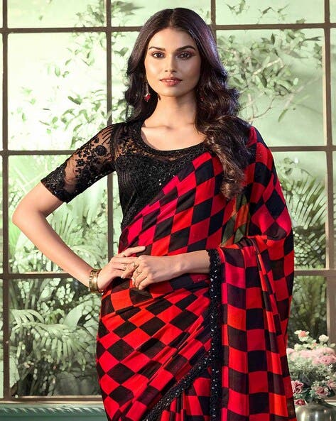 Red & Black Pure Georgette Burberry Silk With Floral Sequins Saree ##color## Georgette Saree with premium fabric and embroidery