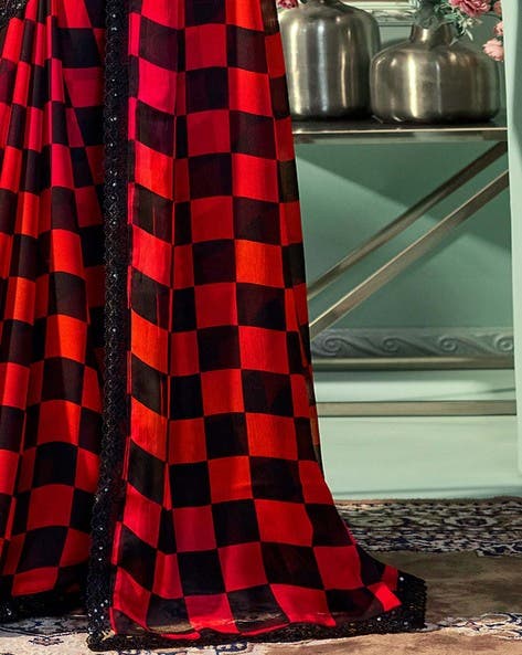 Red & Black Pure Georgette Burberry Silk With Floral Sequins Saree ##color## Georgette Saree with premium fabric and embroidery