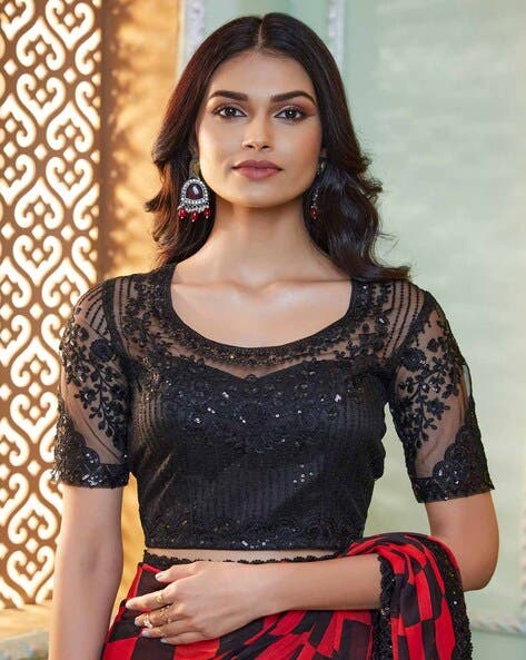 Red & Black Pure Georgette Burberry Silk With Floral Sequins Saree ##color## Georgette Saree with premium fabric and embroidery