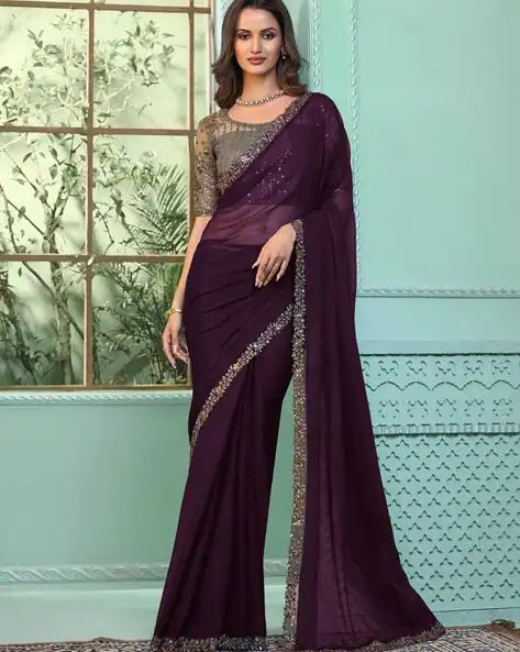 Purple Pure Georgette Burberry Silk With Floral Sequins Saree 