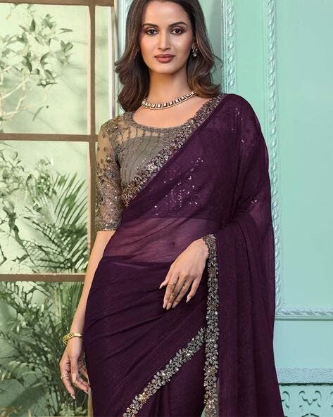 Purple Pure Georgette Burberry Silk With Floral Sequins Saree ##color## Georgette Saree with premium fabric and embroidery