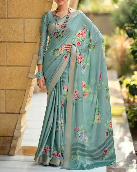 Green Pure Viscose Satin Floral Print Satin Saree