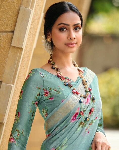 Green Pure Viscose Satin Floral Print Satin Saree