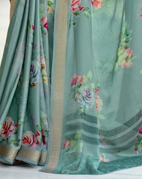 Green Pure Viscose Satin Floral Print Satin Saree