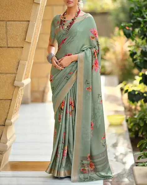 Olive Pure Viscose Satin Floral Print Satin Saree Japan Satin Saree Anant Tex Exports Pvt.Ltd..