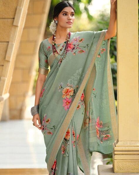 Olive Pure Viscose Satin Floral Print Satin Saree Japan Satin Saree Anant Tex Exports Pvt.Ltd..