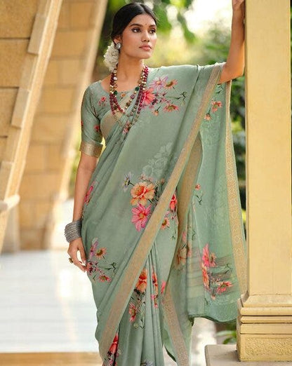Olive Pure Viscose Satin Floral Print Satin Saree Japan Satin Saree Anant Tex Exports Pvt.Ltd..