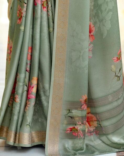Olive Pure Viscose Satin Floral Print Satin Saree Japan Satin Saree Anant Tex Exports Pvt.Ltd..