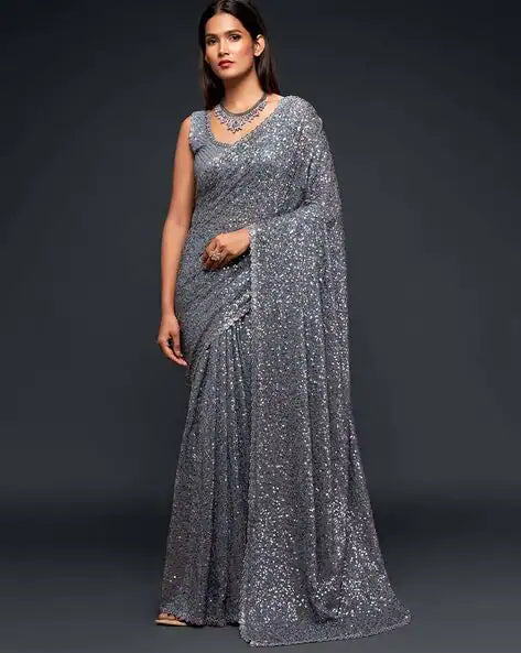 Grey Pure Chiffon Sequins Embroidery Work Ready to Wear Saree 