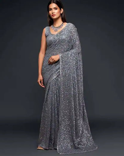 Grey Pure Chiffon Sequins Embroidery Work Ready to Wear Saree 