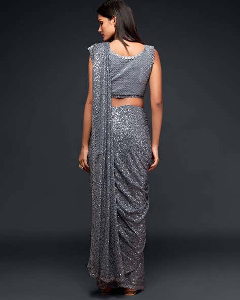Grey Pure Chiffon Sequins Embroidery Work Ready to Wear Saree 