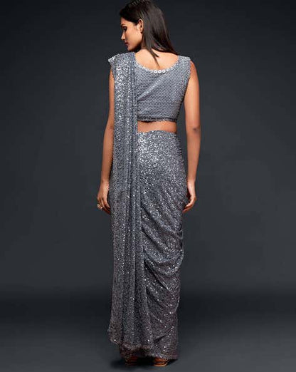 Grey Pure Chiffon Sequins Embroidery Work Ready to Wear Saree 