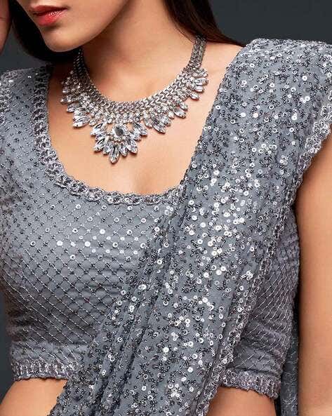 Grey Pure Chiffon Sequins Embroidery Work Ready to Wear Saree 