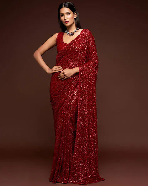 Red Pure Chiffon Sequins Embroidery Work Ready to Wear Saree 