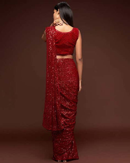 Red Pure Chiffon Sequins Embroidery Work Ready to Wear Saree 