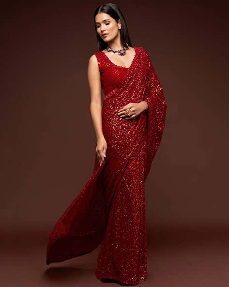 Red Pure Chiffon Sequins Embroidery Work Ready to Wear Saree 