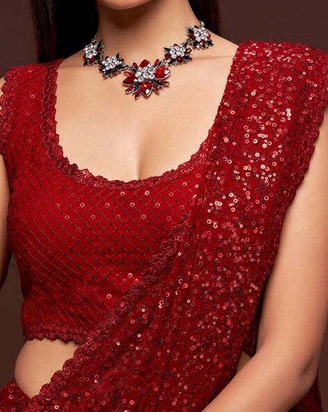 Red Pure Chiffon Sequins Embroidery Work Ready to Wear Saree 