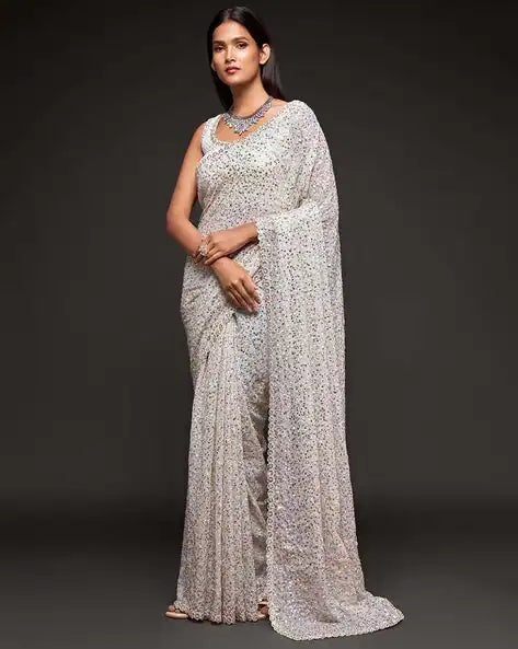 White Pure Chiffon Sequins Embroidery Work Ready to Wear Saree 